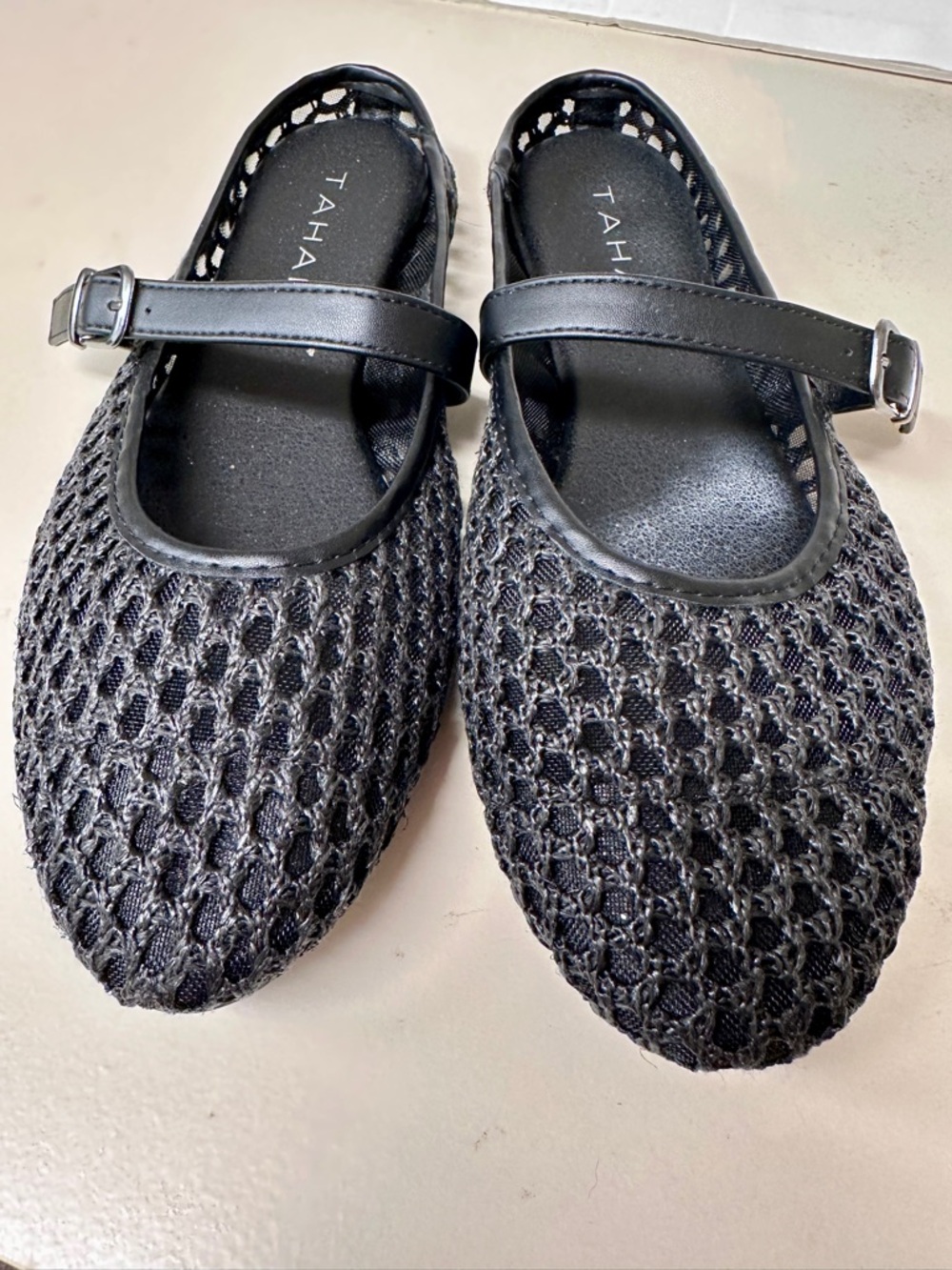 Tahari Black Crochet Mary Jane Flats with Adjustable Strap